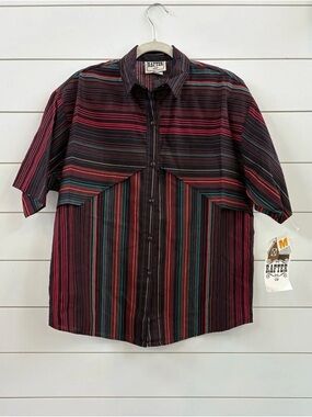Short-Sleeve Striped Button-Up Shirt - Burgundy/Turquoise